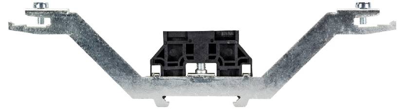 Metallhalterung mit dunklem Kunststoffmittelteil, zwei seitliche Arme mit Schraubenlöchern, geeignet zur Befestigung an Wänden oder Decken.