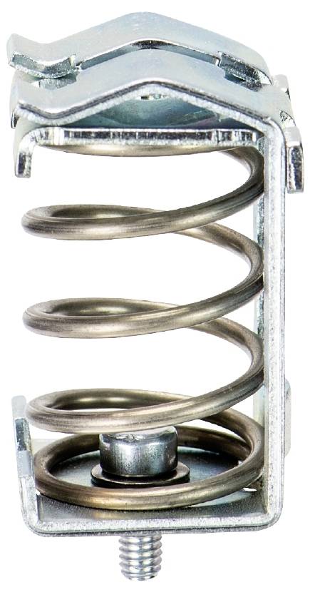 Metallische Schraubenfeder mit Halterung, zeigt die Spiralfederstruktur und den unterhalb befestigten Schraubmechanismus.