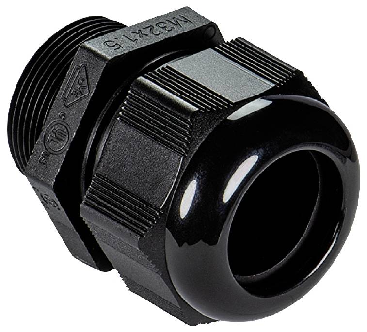 Schwarze Kabelverschraubung aus Kunststoff mit Gewinde und geriffelter Überwurfmutter, verwendet für Kabelmanagement in Geräten.
