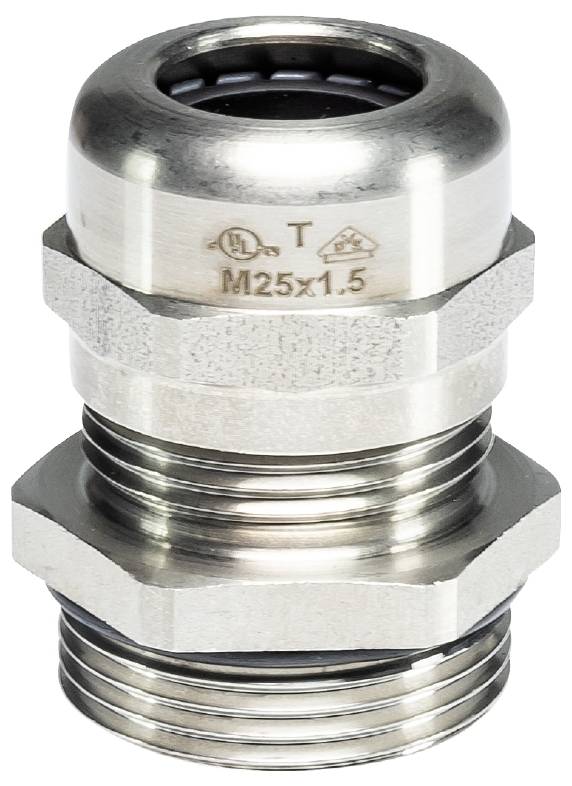 Metallkabelverschraubung mit Gewinde 'M25x1,5', zwei Sechskantmuttern und Dichtung, geeignet für industrielle Anwendungen.