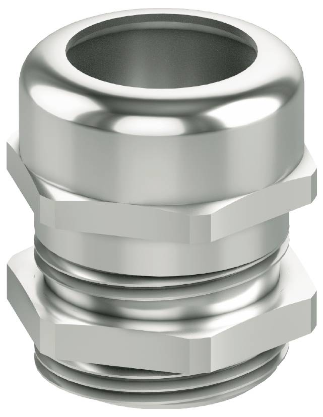 Metallisches Kabelverschraubungselement mit Gewinde und Sechskantmutter, glänzende Oberfläche. Geeignet für Kabelbefestigung.
