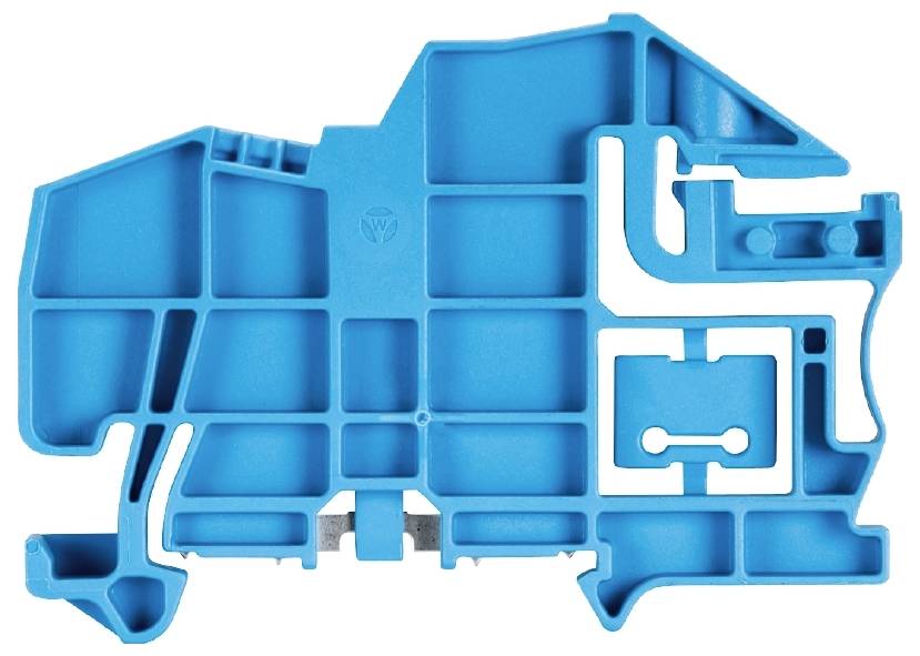 Eine blaue Kunststoffhalterung, die wie das Umrissprofil eines Elefanten aussieht, mit verschiedenen Fächern und Aussparungen.