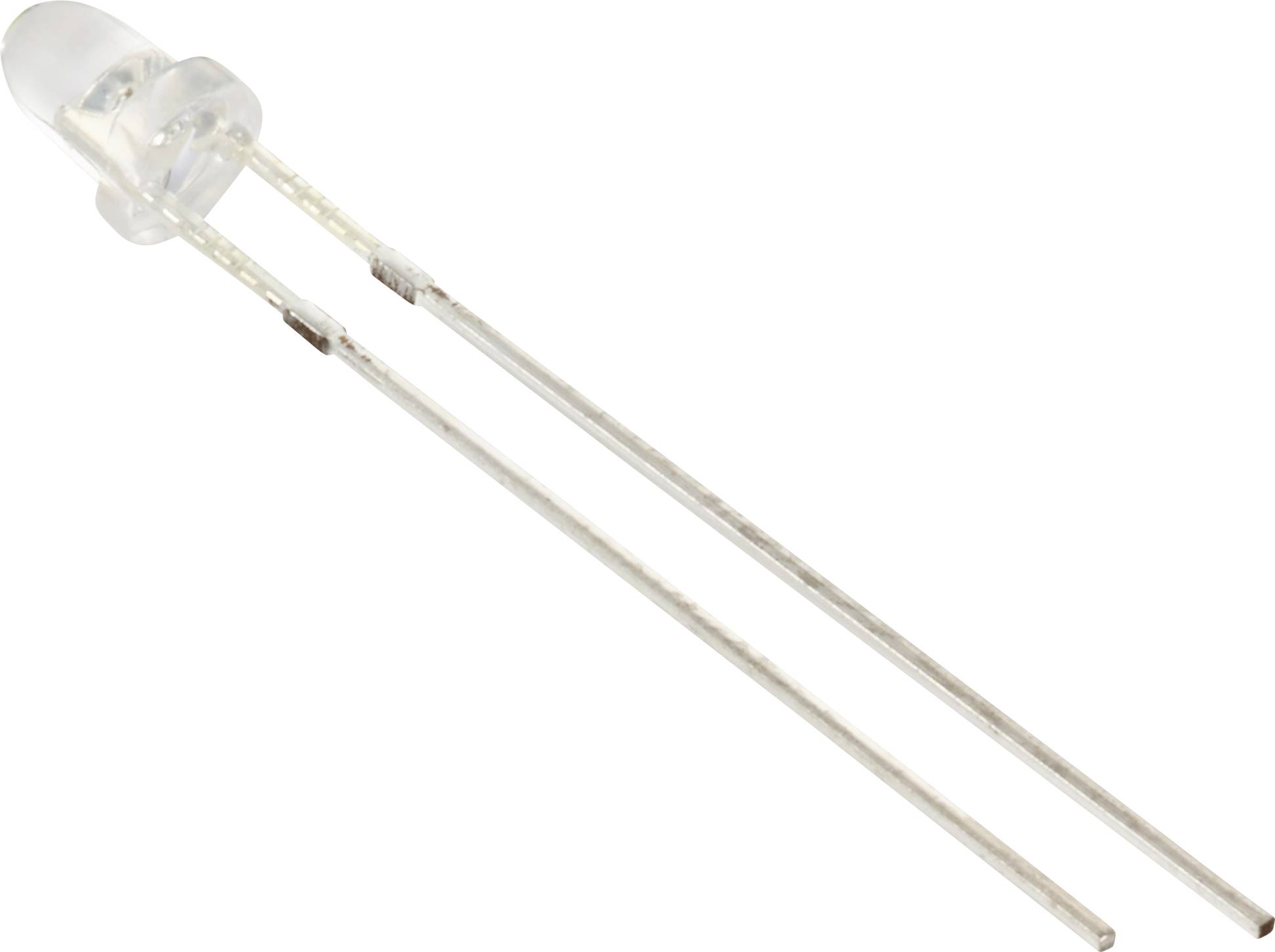 Eine einzelne, durchsichtige Leuchtdiode (LED) mit zwei Metallanschlüssen ist abgebildet.