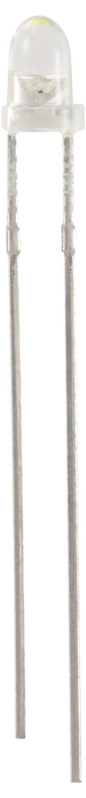 Eine durchsichtige LED-Diode mit zwei langen, metallischen Anschlussdrähten.