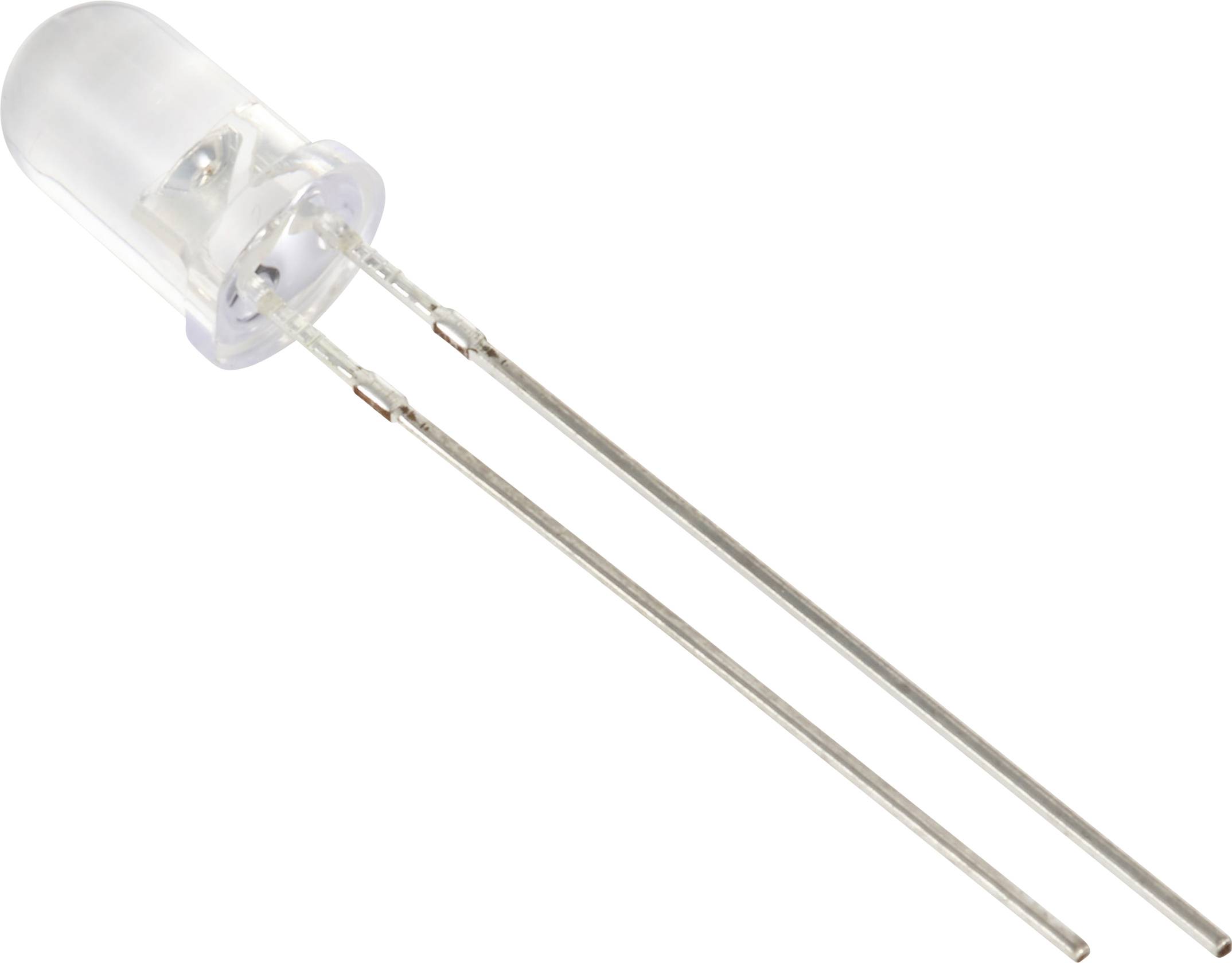 Eine transparente Leuchtdiode (LED) mit zwei langen, dünnen Metallbeinchen, die aus der Unterseite herausragen.