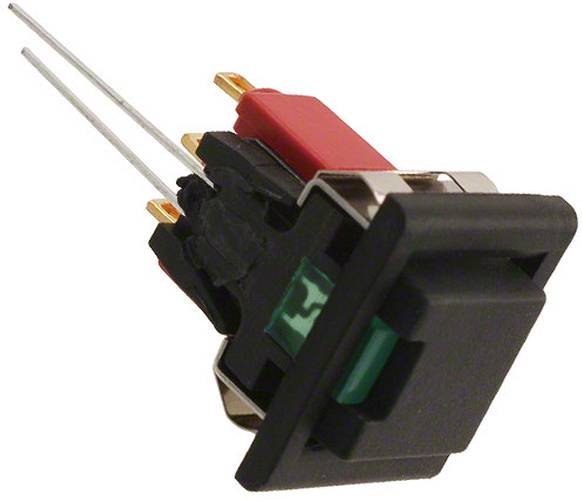 Ein schwarz-roter Druckschalter mit zwei Metallkontakten, die sich auf der Rückseite erstrecken, verwendet in elektronischen Schaltkreisen für Ein-/Ausschaltvorgänge.