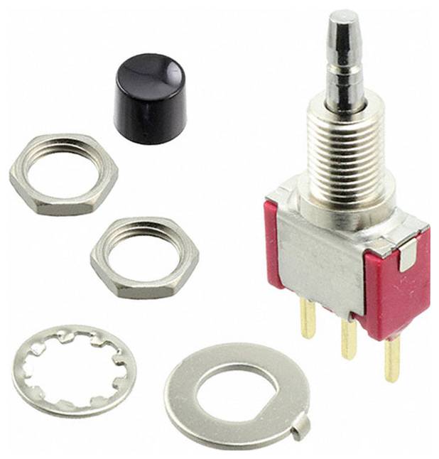 Toggle-Schalter-Set mit schwarzem Knopf, Sicherungsscheiben, zwei Muttern und rotem Schalterkörper mit drei goldenen Anschlüssen.
