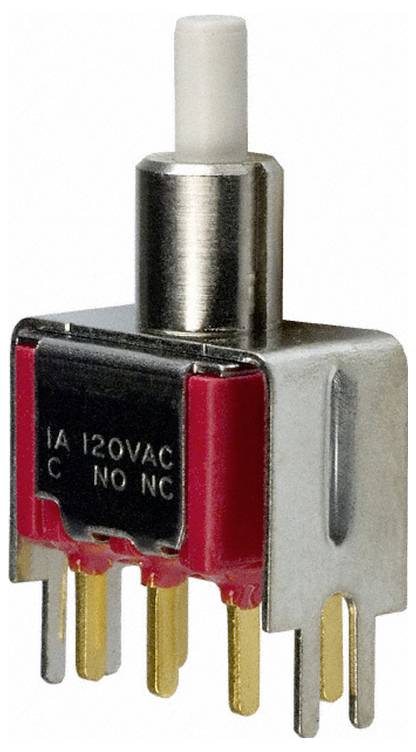 Ein silberner und roter Kippschalter mit goldenen Kontaktstiften. Beschriftet mit „1A 120VAC C NO NC
