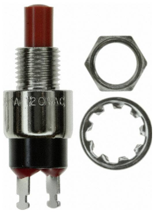 Ein roter Druckschalter mit Metallgehäuse, begleitet von einer Sechskantmutter und einer Sicherungsscheibe, verwendet für elektrische Schaltkreise.