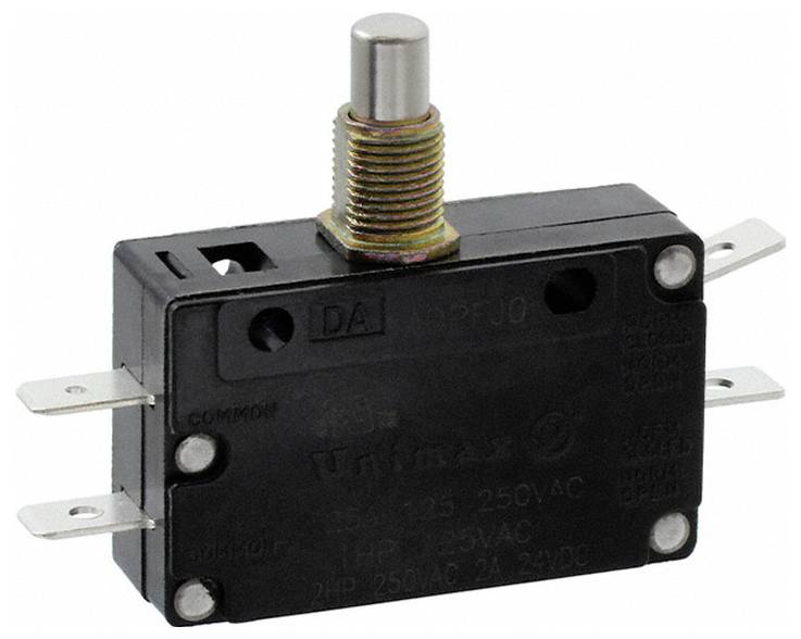 Ein schwarzer Unimax-Mikroschalter mit Metallbetätiger und Schraubklemmen, gekennzeichnet mit elektrischen Nennwerten, entworfen für Steuerschaltungen.