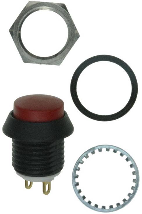 Roter Druckschalter mit drei Komponenten: eine Sechskantmutter, ein O-Ring und eine gezahnte Unterlegscheibe zum Montieren und Sichern.