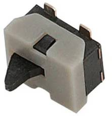 Ein kleiner Kippschalter mit schwarzem Hebel und grauem Gehäuse, verwendet in elektronischen Geräten zur Steuerung von Stromkreisen.