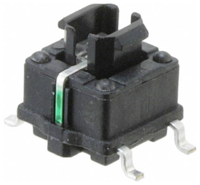 Ein schwarzer mechanischer Tastenschalter mit vier Metallstiften und einem zentralen grünen Stiel, der in Tastaturen für taktiles Feedback bei Tastendrücken verwendet wird.