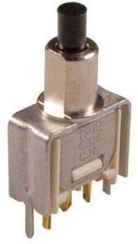 Eine Nahaufnahme eines metallischen taktilen Druckknopfschalters mit mehreren Pins an der Basis, entworfen für die Integration in elektronische Schaltkreise.