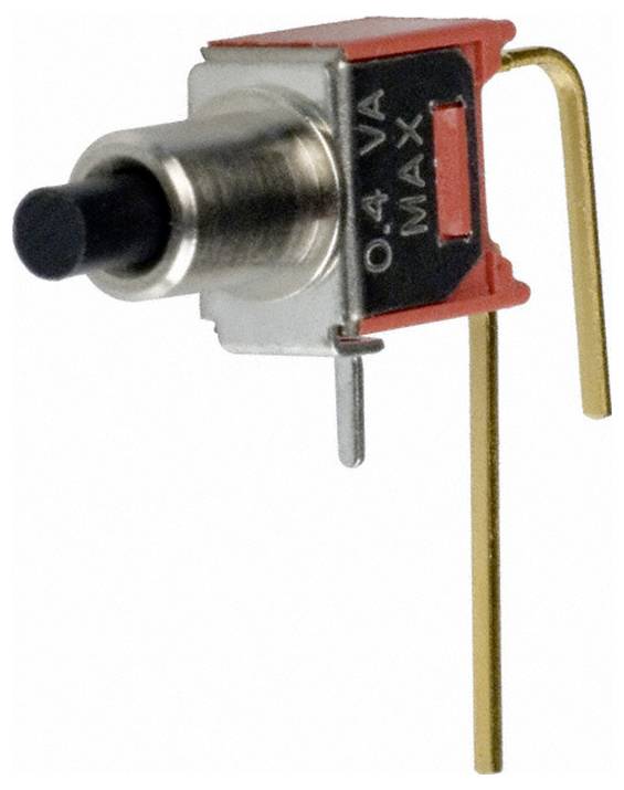 Ein winziger Drucktastenschalter mit schwarzem Betätiger, Gehäuse aus Metall und Kunststoff und vergoldeten Kontakten mit der Beschriftung „0,4 VA MAX.