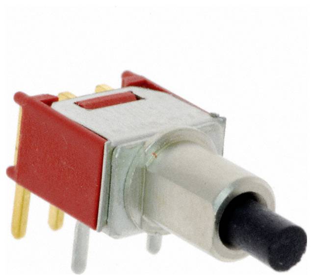 Ein kleiner elektronischer Druckschalter in Rot und Silber mit schwarzem Betätigungselement, das mehrere Metallstifte für Schaltungsverbindungen aufweist.