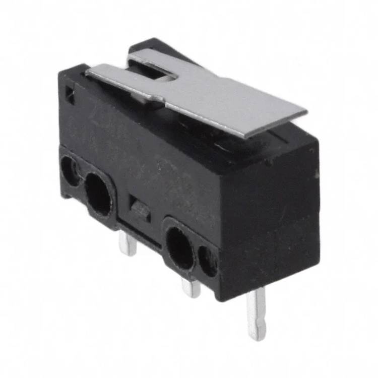 Ein schwarzer Mikroschalter mit metallischem Hebel. Drei Stifte sind für elektrische Verbindungen sichtbar, typischerweise in elektronischen Geräten verwendet.