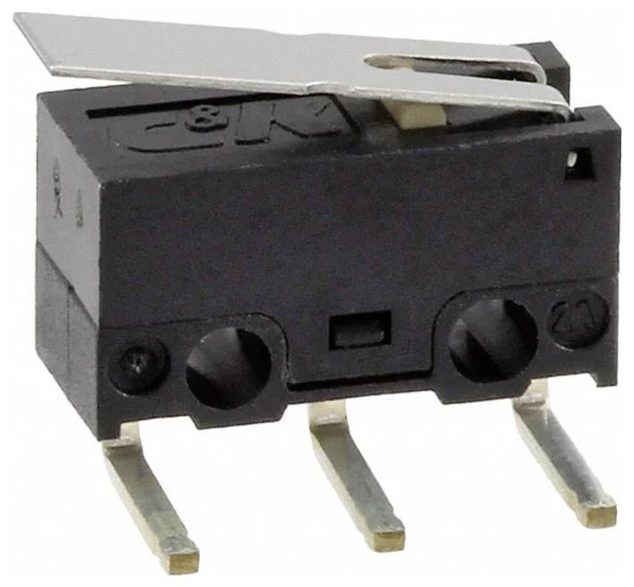 Mikroschalter mit drei Metallbeinen und einem Hebelaktuator oben, wird zur Erkennung physischer Wechselwirkungen in der Elektronik verwendet.