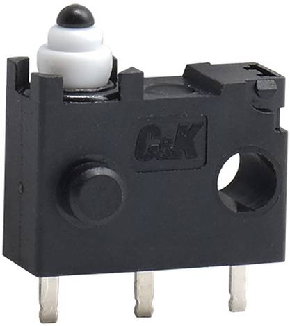 Ein schwarzer Mikroschalter mit drei Metallkontakten und einem weißen Betätiger, der in elektrischen Schaltkreisen verwendet wird, um Geräte oder Maschinen zu steuern.