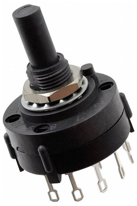 Ein schwarzer Drehschalter mit vertikaler Welle, mit mehreren Metallanschlüssen rund um die Basis für elektrische Verbindungen.