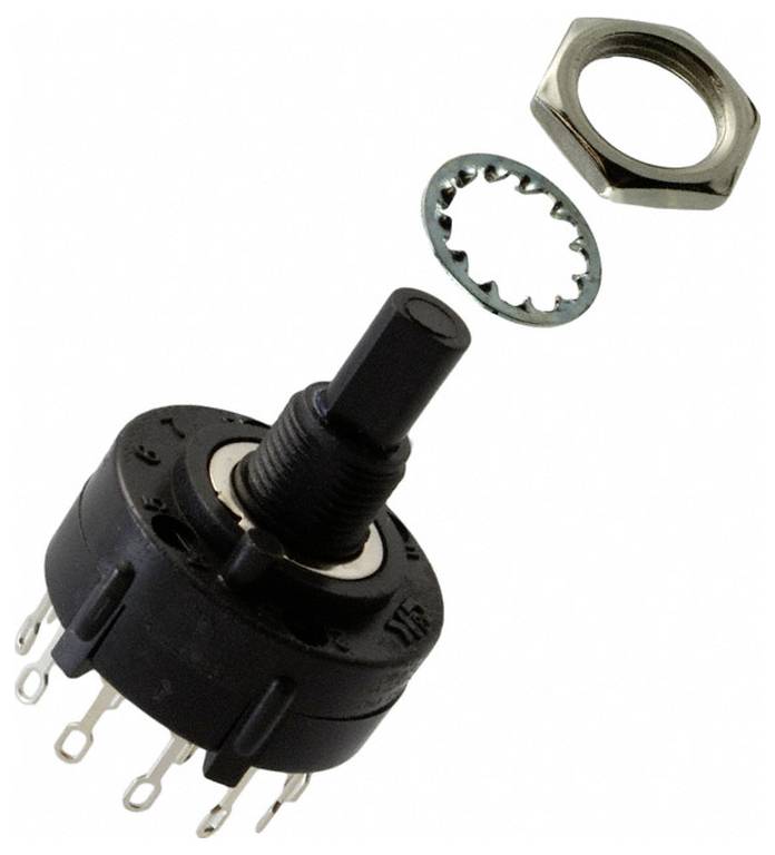 Ein schwarzer Drehschalter mit mehreren Metallkontakten, begleitet von einer Metallmutter und einer Unterlegscheibe, verwendet für elektronische Schaltungen.