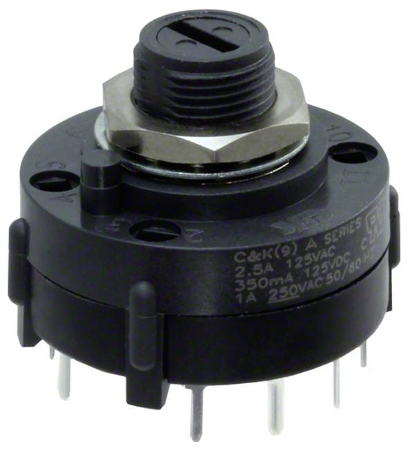 Ein schwarzer Drehschalter mit mehreren Metallstiften, gekennzeichnet mit elektrischen Spezifikationen: 2,5A 125VAC, 1A 250VAC.