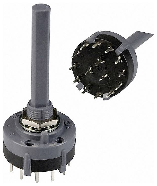 Ein Drehschalter mit mehreren Pins und Positionen, mit einem zentralen Schaft zur manuellen Einstellung, aus zwei Winkeln dargestellt.