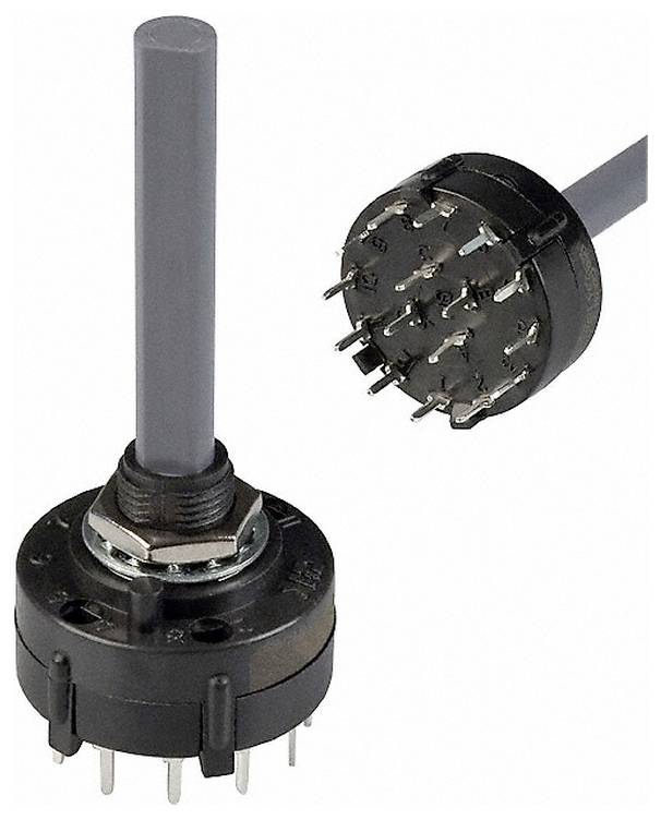 Ein Drehschalter mit mehreren Metallstiften und einer langen Welle, der in elektronischen Geräten verwendet wird, um Schaltkreise durch Änderung von Verbindungswegen zu steuern.