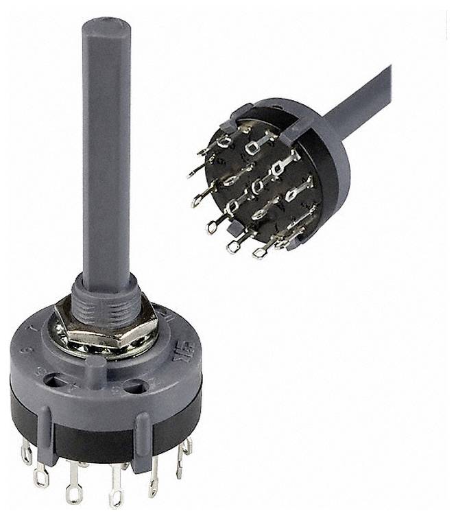 Runder Drehschalter mit mehreren Metallkontakten und angeschlossenem Kabel, verwendet in elektronischen Geräten zur Steuerung von Schaltkreisen.