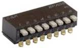 Ein Dual-In-Line-Gehäuse (DIP)-Schalter mit zehn nummerierten weißen Umschaltern und goldenen Anschlüssen, verwendet zum Einstellen elektronischer Konfigurationen.