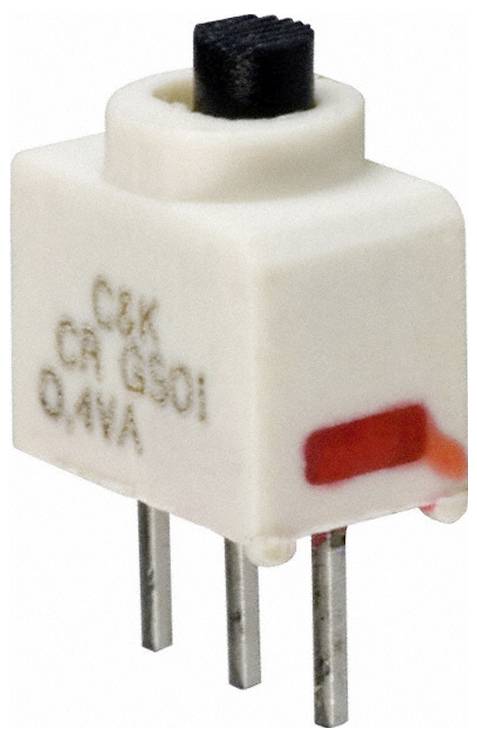 Ein metallischer Druckschalter mit rotem Knopf, zwei Anschluss­stiften, einer Sechskantmutter und einer Sicherungs­scheibe, verwendet für elektronische Schaltkreise.