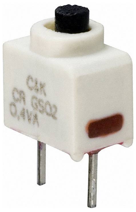 Ein weißer taktiler Schalter mit zwei Metallstiften, beschriftet mit „G4K CR G502 0.4VA
