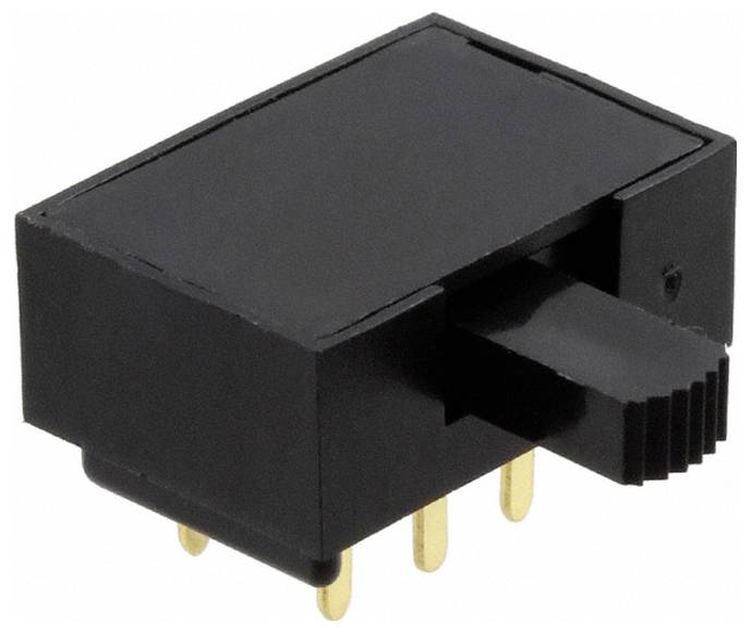 Schwarzer Schiebeschalter mit drei goldenen Stiften, verwendet für elektronische Schaltungen.