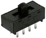 Ein schwarzer Schiebeschalter mit mehreren Metallkontakten, der in elektronischen Schaltkreisen verwendet wird, um einen Schaltkreis zu öffnen oder zu schließen und die Kontrolle des Stromflusses zu ermöglichen.