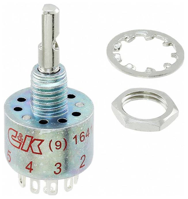 Ein Drehschalter mit blauem Metallgehäuse, versehen mit beschrifteten Positionen 1 bis 6, neben einer Metallscheibe und einer Sechskantmutter zur Befestigung.