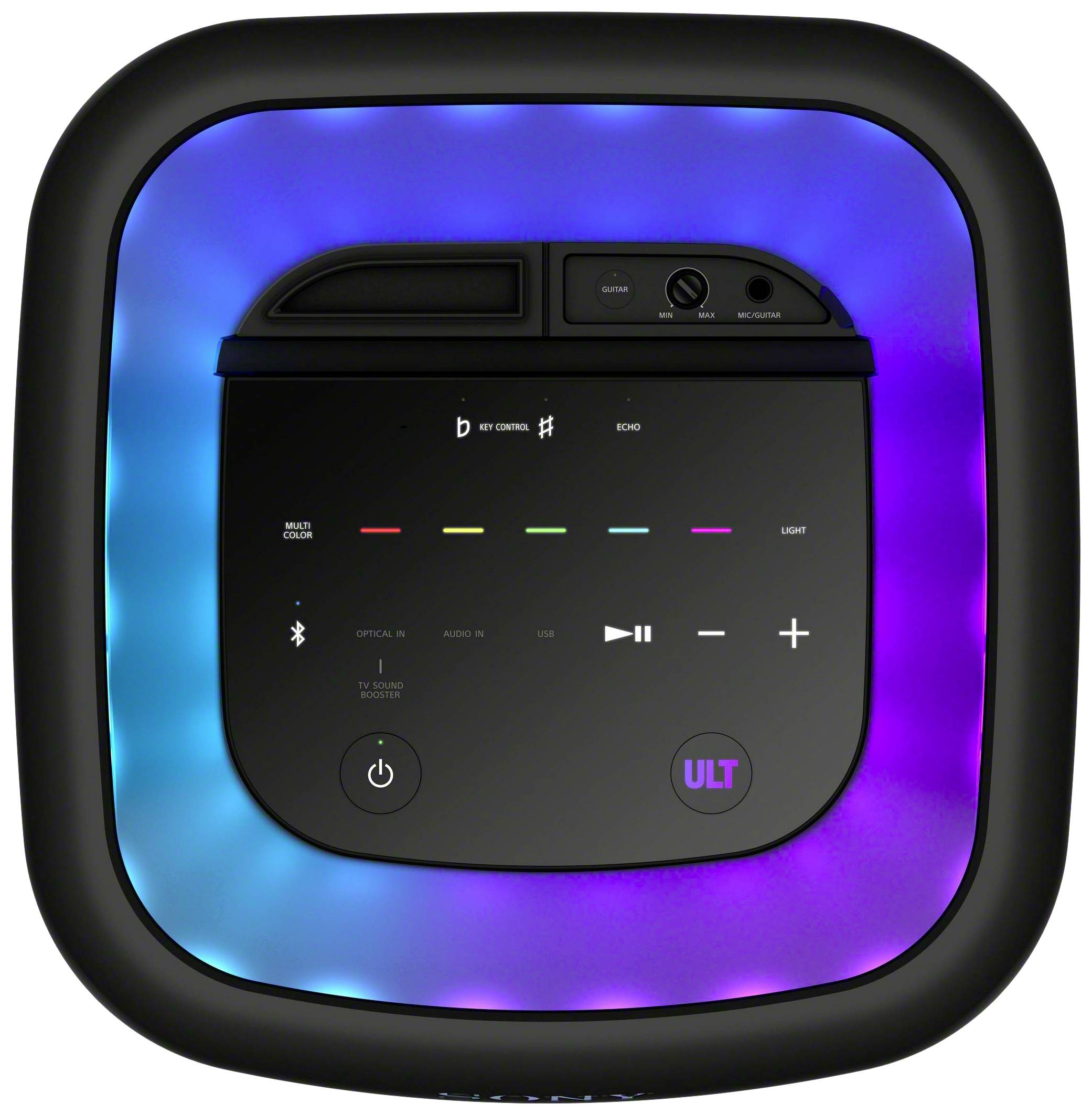 Ein tragbarer Lautsprecher mit einer leuchtenden, bunten LED-Anzeige und Bedienelementen für Lautstärke, Modus und Lichteffekte.