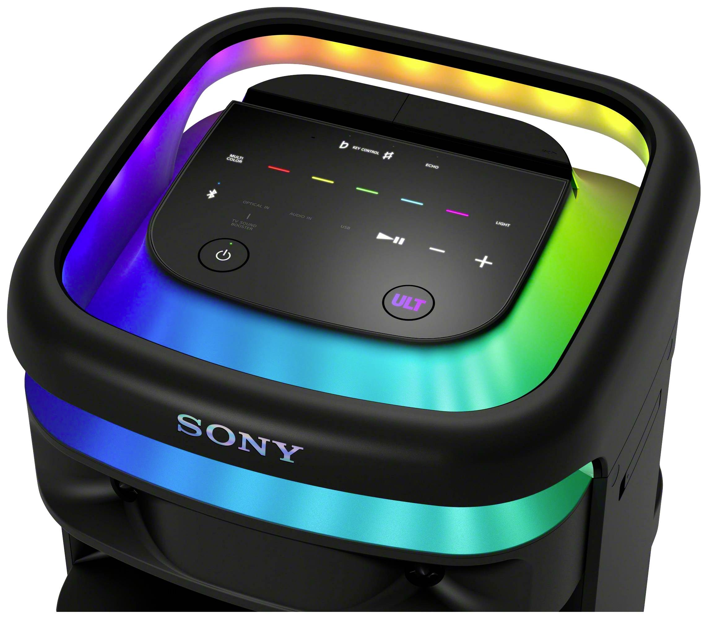 Ein tragbarer Sony-Lautsprecher mit LED-Beleuchtung, die in verschiedenen Farben leuchtet. Bedientasten befinden sich oben.