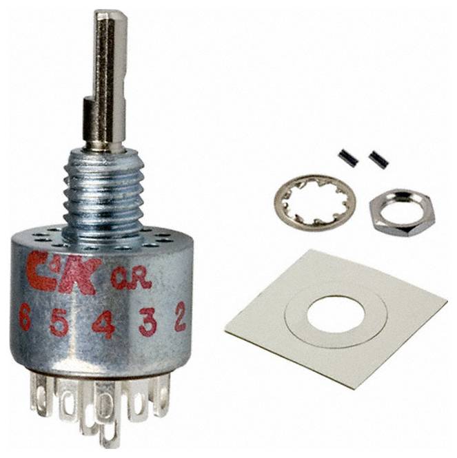 Ein Drehschalter mit der Bezeichnung 'CK 65432' mit verschiedenen kleinen Komponenten, einschließlich einer Unterlegscheibe und einer Sechskantmutter daneben dargestellt.