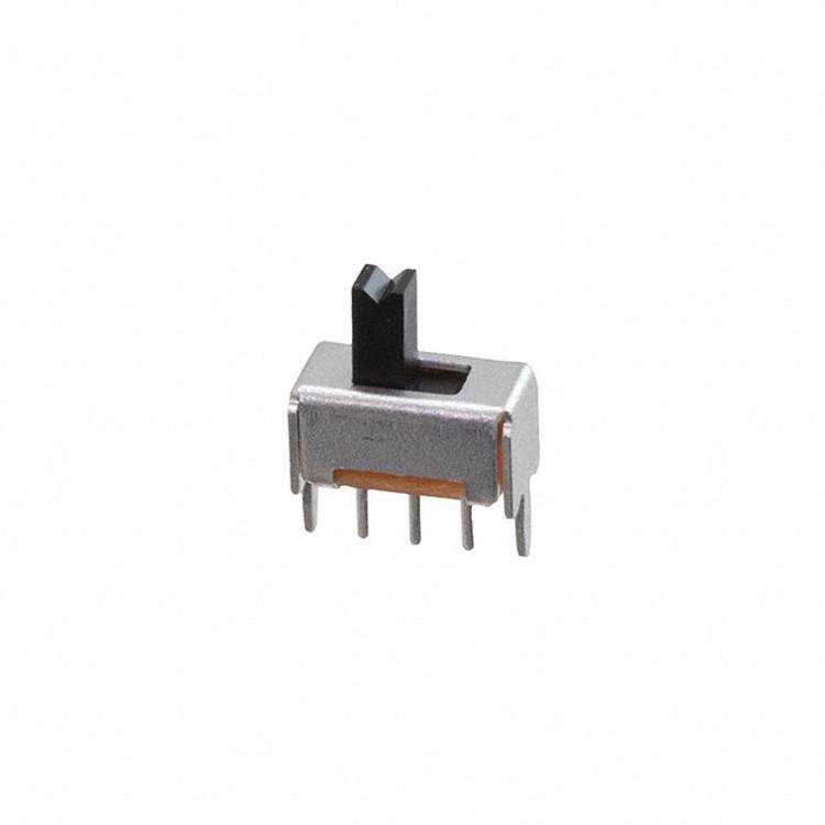 Ein kleiner Metallschiebeschalter mit sechs Anschlüssen, verwendet für elektronische Schaltungsanwendungen.