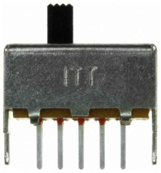 „Metallisches elektronisches Bauteil mit sechs Stiften und einem schwarzen Schiebeknebel oben, mit der Bezeichnung ITT.