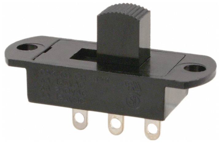 Schwarzer Schiebeschalter mit drei Metallstiften und Schraubenlöchern an den Seiten, verwendet zur Steuerung elektronischer Schaltungen.