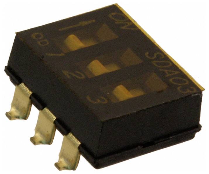 „DIP-Schalter mit drei Positionen, gekennzeichnet mit 1, 2 und 3 mit ON- und OFF-Markierungen. Komponente zur Konfiguration elektronischer Schaltkreise.