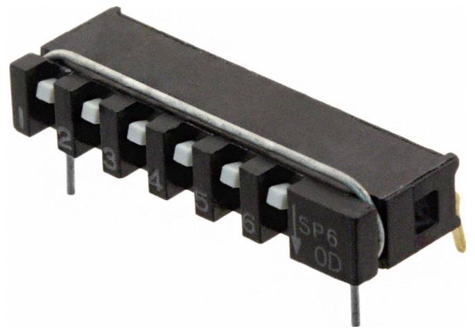 Ein schwarzer 6-poliger DIP-Schalter mit kleinen Umschalthebeln, beschriftet 1 bis 6, wird zum Konfigurieren von elektronischen Schaltkreisen oder Geräten verwendet.