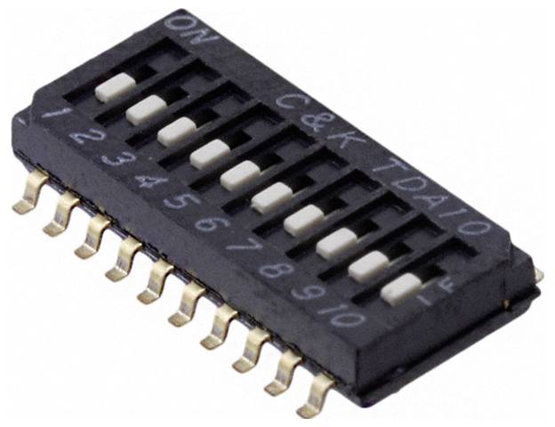 Ein schwarzer 10-Position-DIP-Schalter mit Schaltern, die von 1 bis 10 beschriftet sind, und einer 