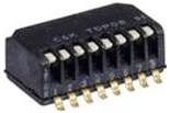 Ein schwarzes Dual-In-Line-Paket (DIP) mit acht verstellbaren Hebelschaltern, das zur Konfigurationseinstellung in elektronischen Schaltungen verwendet wird.