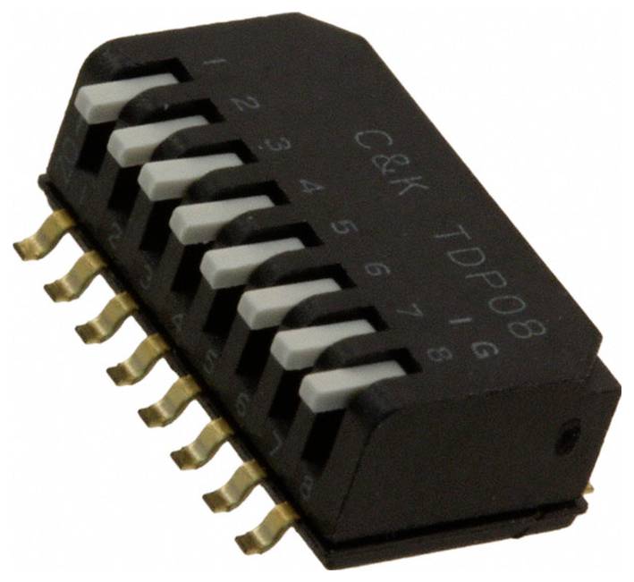 DIP-Schalter mit acht Kippschaltern, beschriftet von 1 bis 8, wird zum Einstellen von elektronischen Gerätekonfigurationen verwendet.