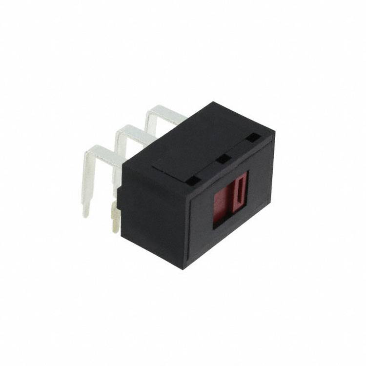 Ein schwarzer rechteckiger elektronischer DIP-Schalter mit vier metallischen Stiften und einem roten Schalthebel, verwendet zum Einstellen von Binärcode auf Leiterplatten.