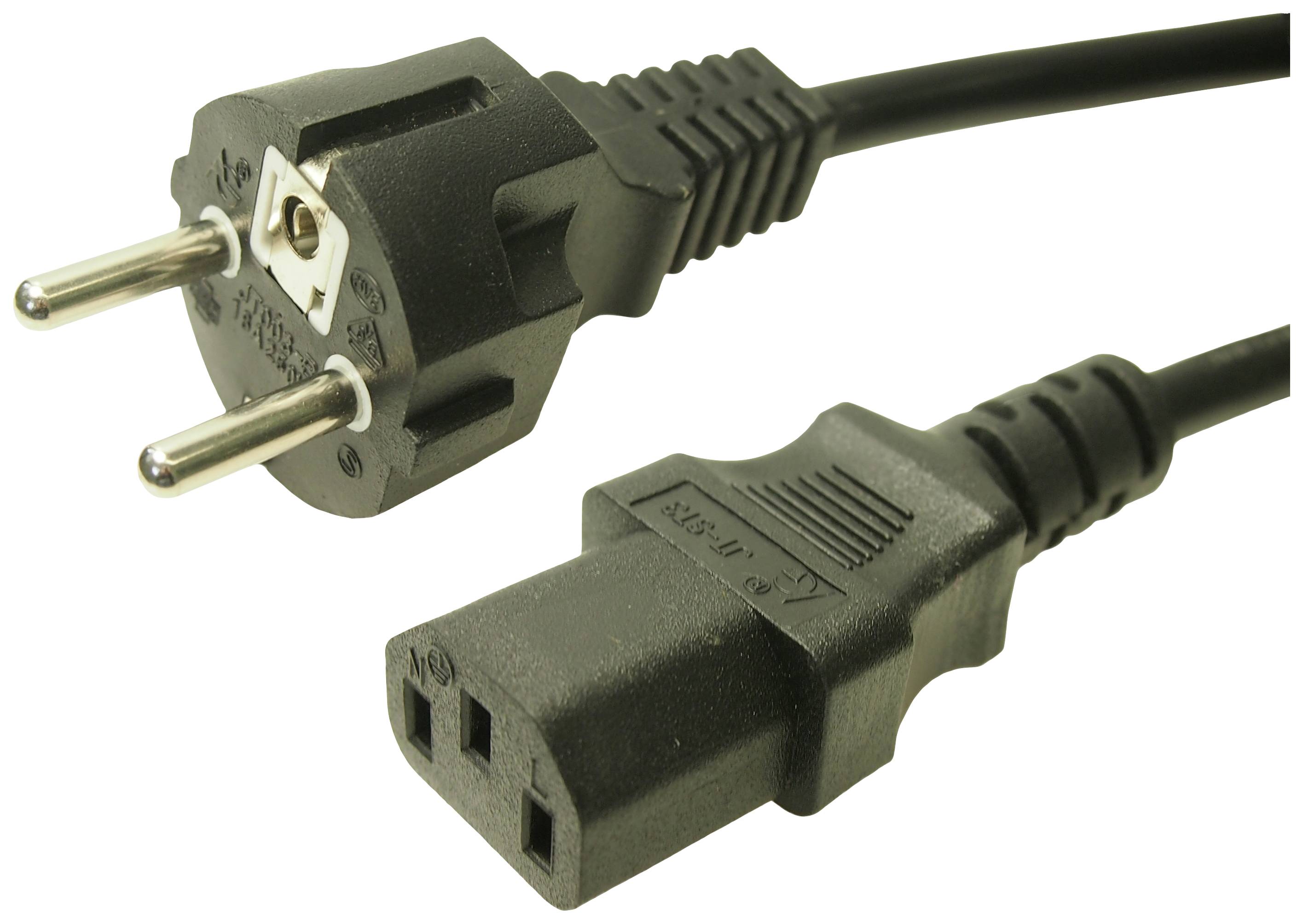 Abbildung zeigt ein zweiteiliges Netzkabel mit Schuko-Stecker und Kaltgerätekabel. Es wird zur Stromversorgung von Geräten verwendet.