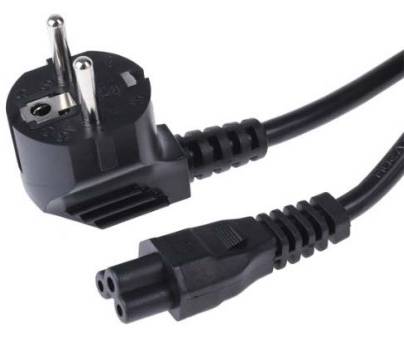 Ein schwarzes Netzkabel mit einem europäischen Stecker und einem dreipoligen Anschluss für elektronische Geräte.