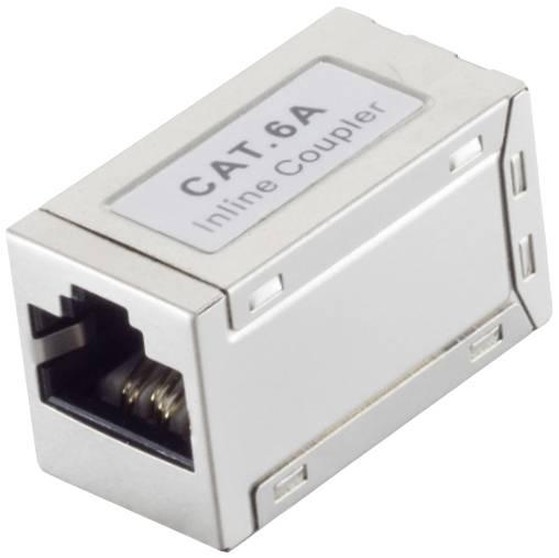 'CAT.6A Inline Coupler', ein Adapter zum Verbinden von zwei Ethernet-Kabeln, rechteckige Form mit Ethernet-Buchse auf beiden Seiten.